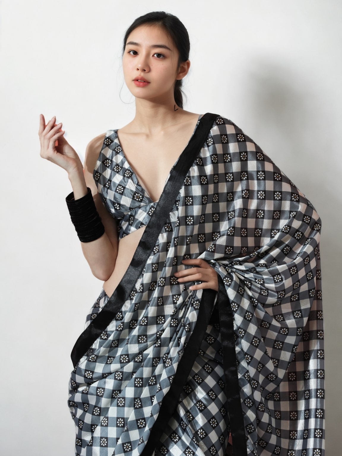 Jyoti Fashion Women's Grey Chinon Digital Printed Ready To Wear Saree with Blouse | Swadesiicart