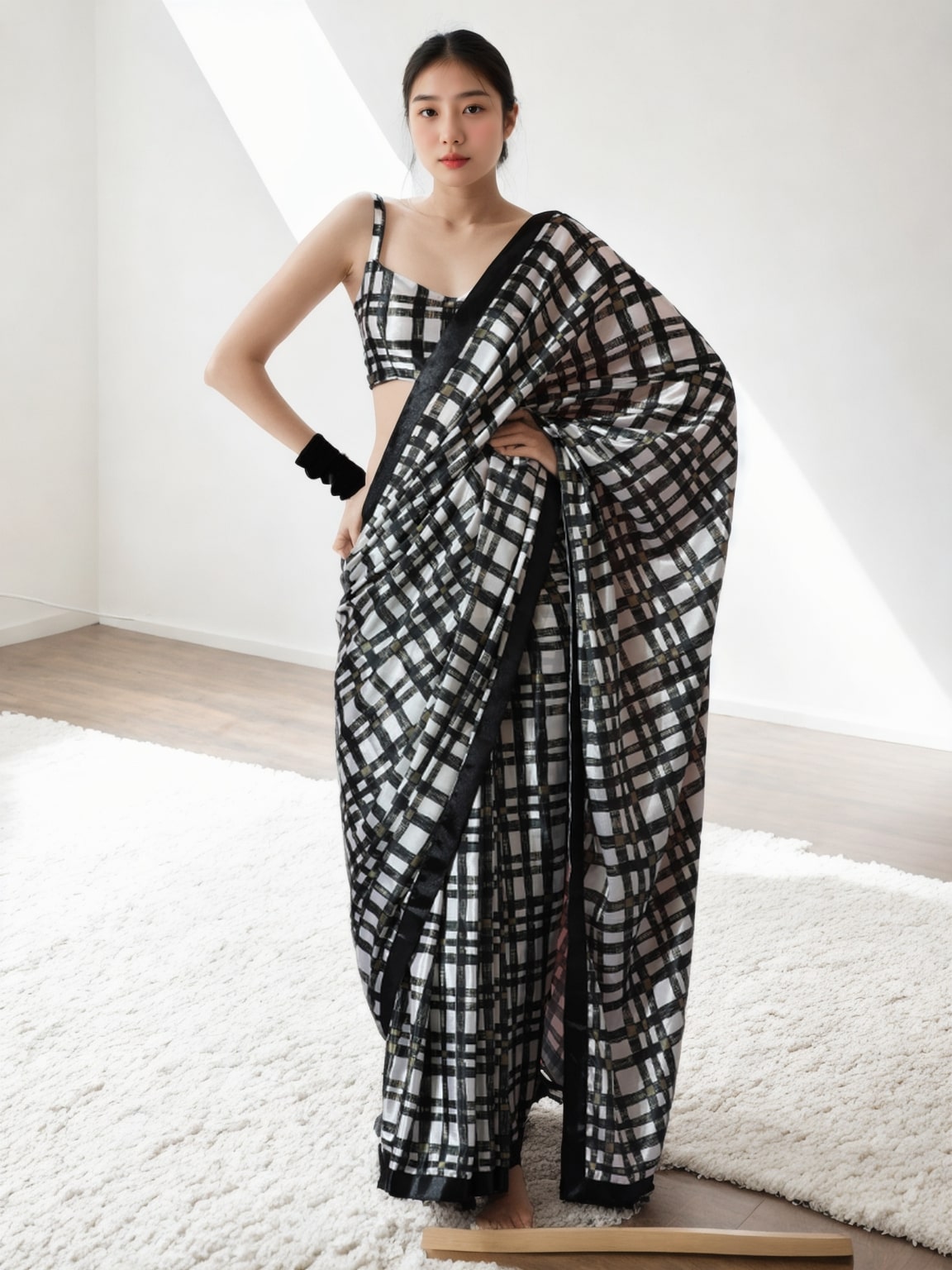 Jyoti Fashion Women's Black Chinon Digital Printed Ready To Wear Saree with Blouse | Swadesiicart