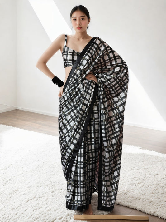 Jyoti Fashion Women's Black Chinon Digital Printed Ready To Wear Saree with Blouse | Swadesiicart