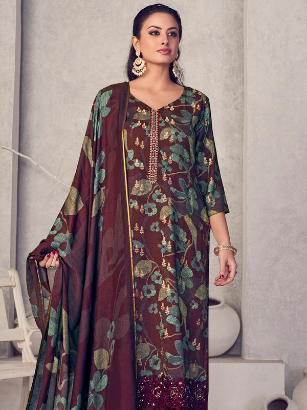 Jyoti Fashion Women's Maroon Pure Pashmina Digital Print with Jacquard Woven Kurta with Trouser & Dupatta | Swadesiicart