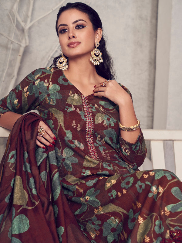 Jyoti Fashion Women's Maroon Pure Pashmina Digital Print with Jacquard Woven Kurta with Trouser & Dupatta | Swadesiicart