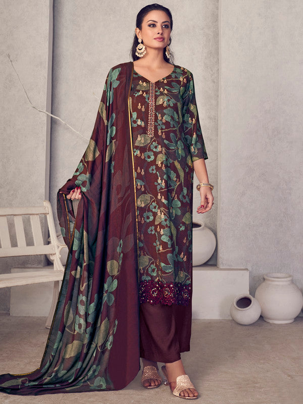 Jyoti Fashion Women's Maroon Pure Pashmina Digital Print with Jacquard Woven Kurta with Trouser & Dupatta | Swadesiicart