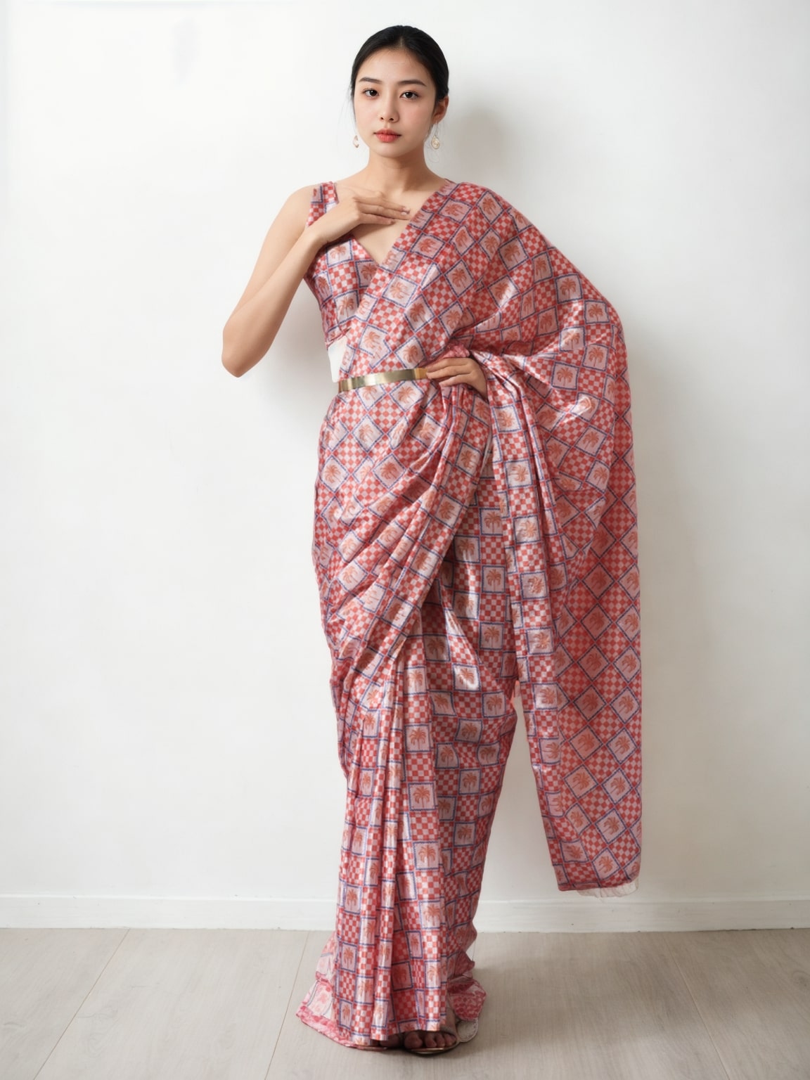 Jyoti Fashion Women's Peach Chinon Digital Printed Ready To Wear Saree with Blouse | Swadesiicart