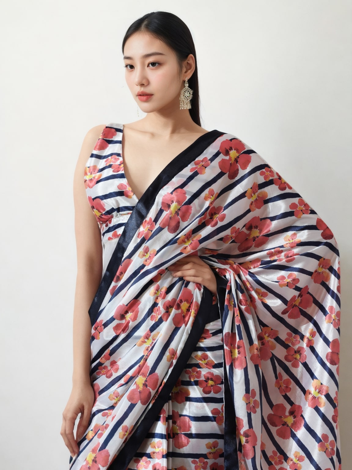 Jyoti Fashion Women's Multicolor Chinon Digital Printed Ready To Wear Saree with Blouse | Swadesiicart