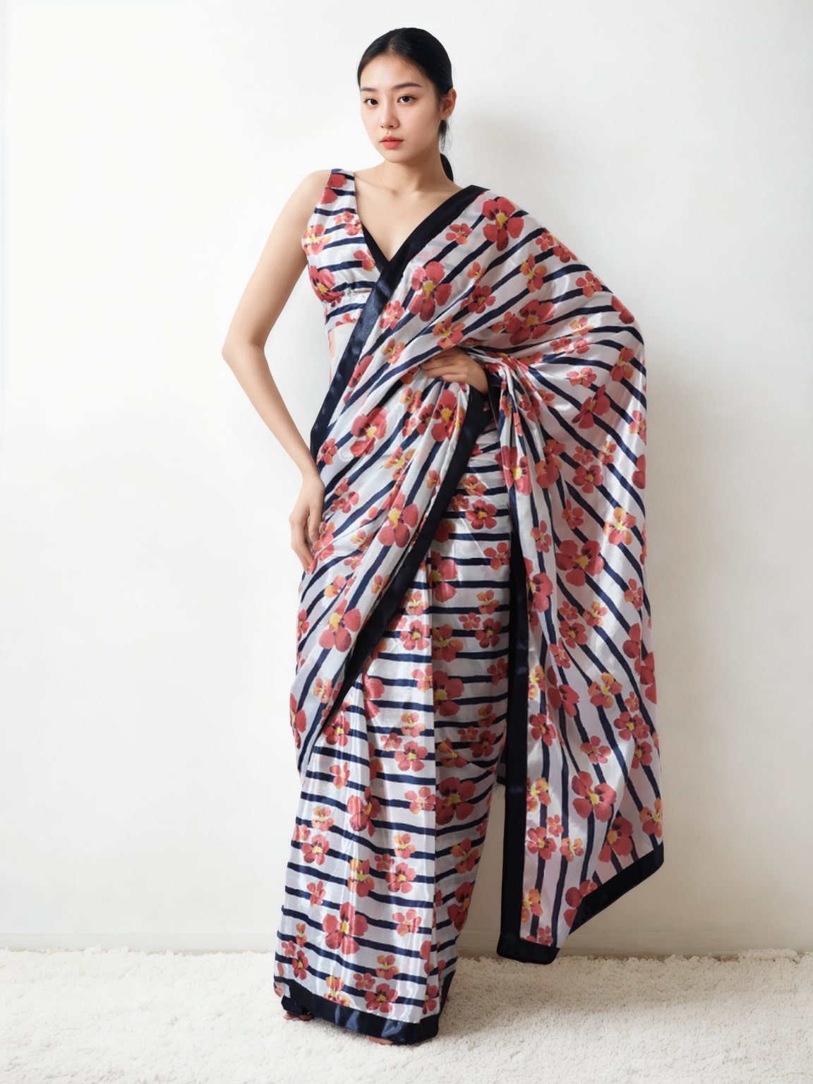 Jyoti Fashion Women's Multicolor Chinon Digital Printed Ready To Wear Saree with Blouse | Swadesiicart