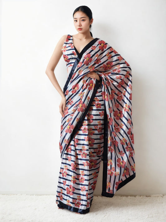 Jyoti Fashion Women's Multicolor Chinon Digital Printed Ready To Wear Saree with Blouse | Swadesiicart