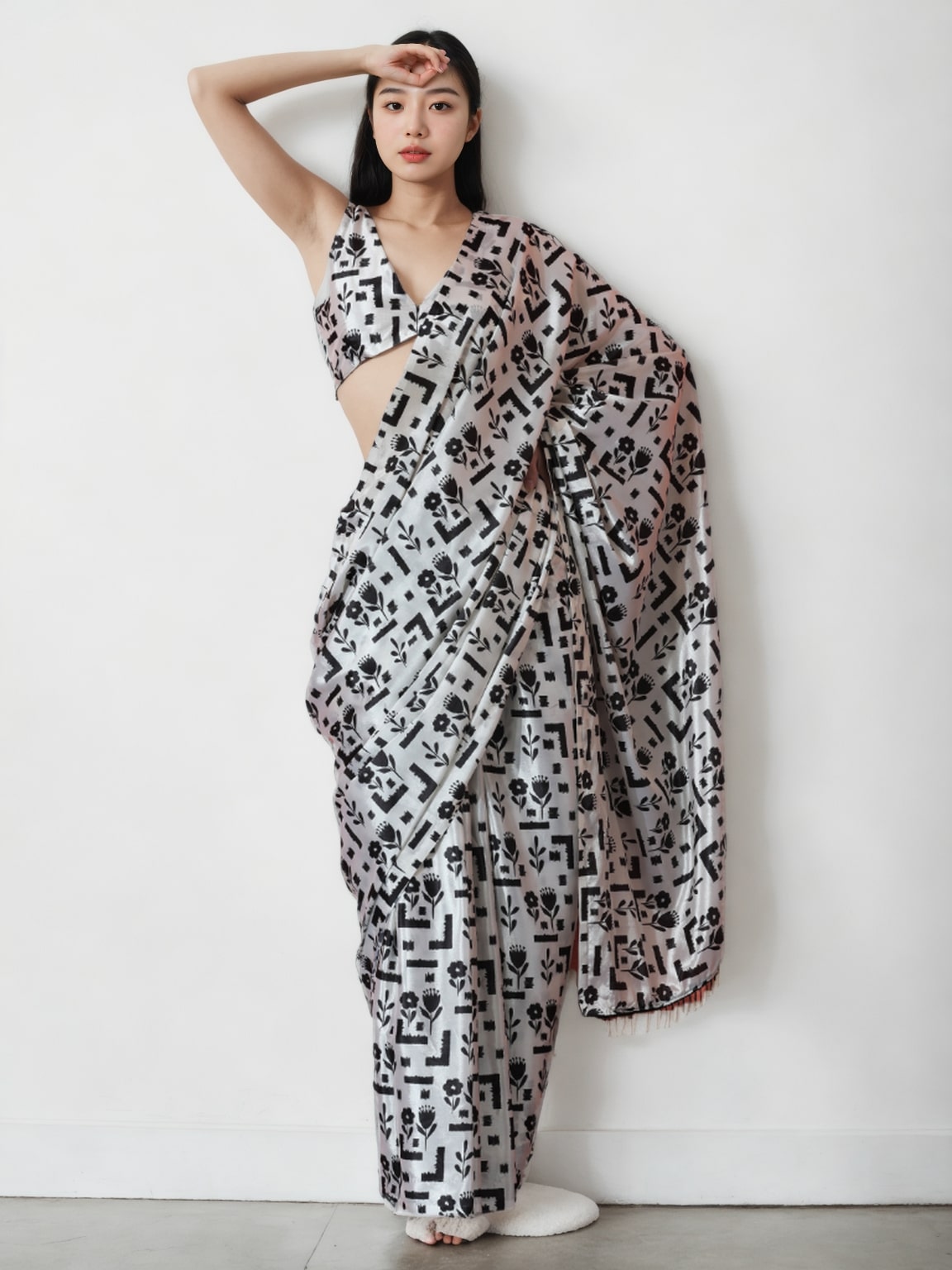 Jyoti Fashion Women's Black Chinon Digital Printed Ready To Wear Saree with Blouse | Swadesiicart