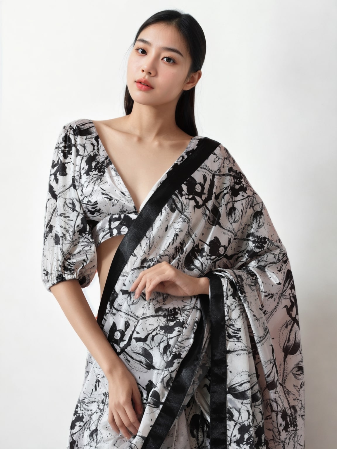Jyoti Fashion Women's Black Chinon Digital Printed Ready To Wear Saree with Blouse | Swadesiicart