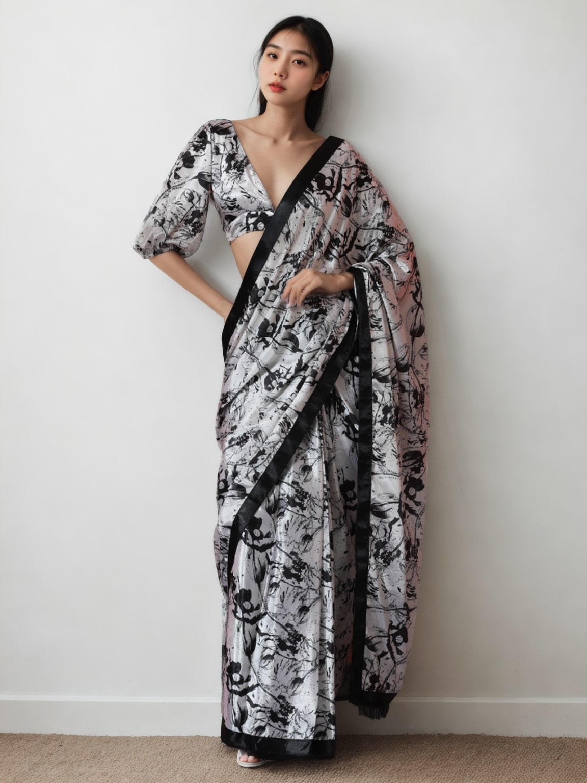 Jyoti Fashion Women's Black Chinon Digital Printed Ready To Wear Saree with Blouse | Swadesiicart