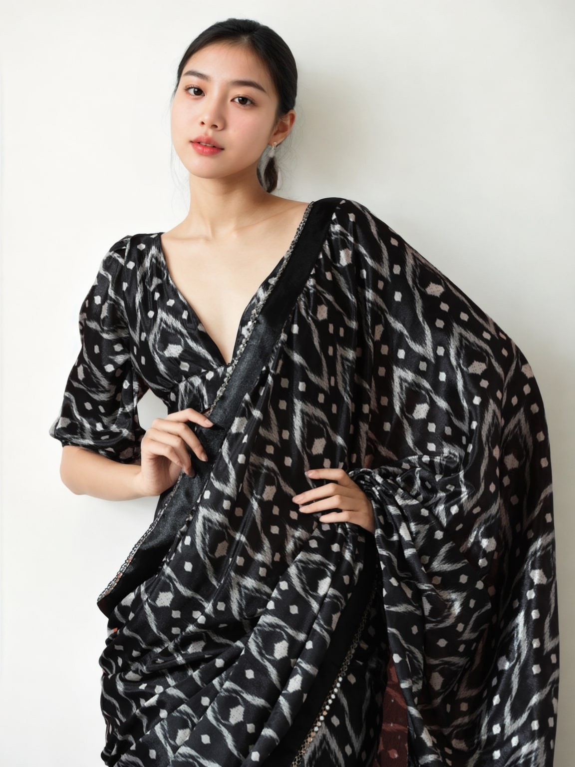 Jyoti Fashion Women's Black Chinon Digital Printed Ready To Wear Saree with Blouse | Swadesiicart