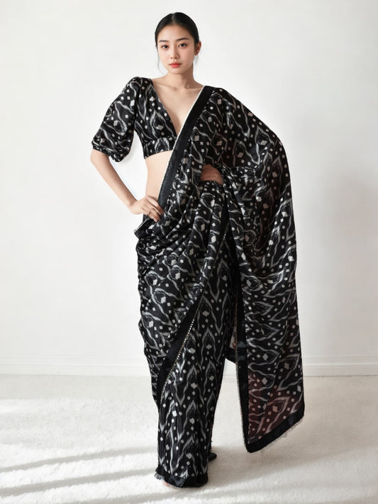 Jyoti Fashion Women's Black Chinon Digital Printed Ready To Wear Saree with Blouse | Swadesiicart