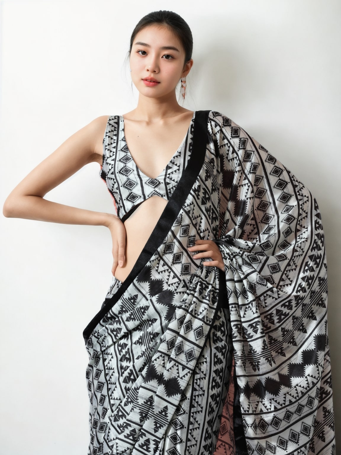 Jyoti Fashion Women's Black Chinon Digital Printed Ready To Wear Saree with Blouse | Swadesiicart