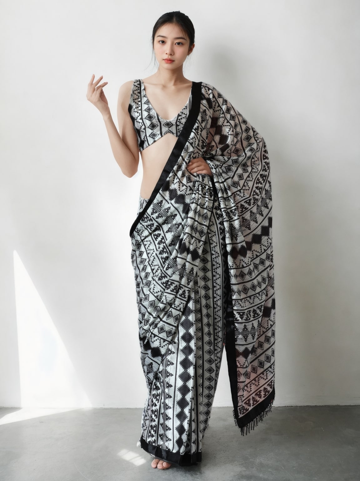Jyoti Fashion Women's Black Chinon Digital Printed Ready To Wear Saree with Blouse | Swadesiicart