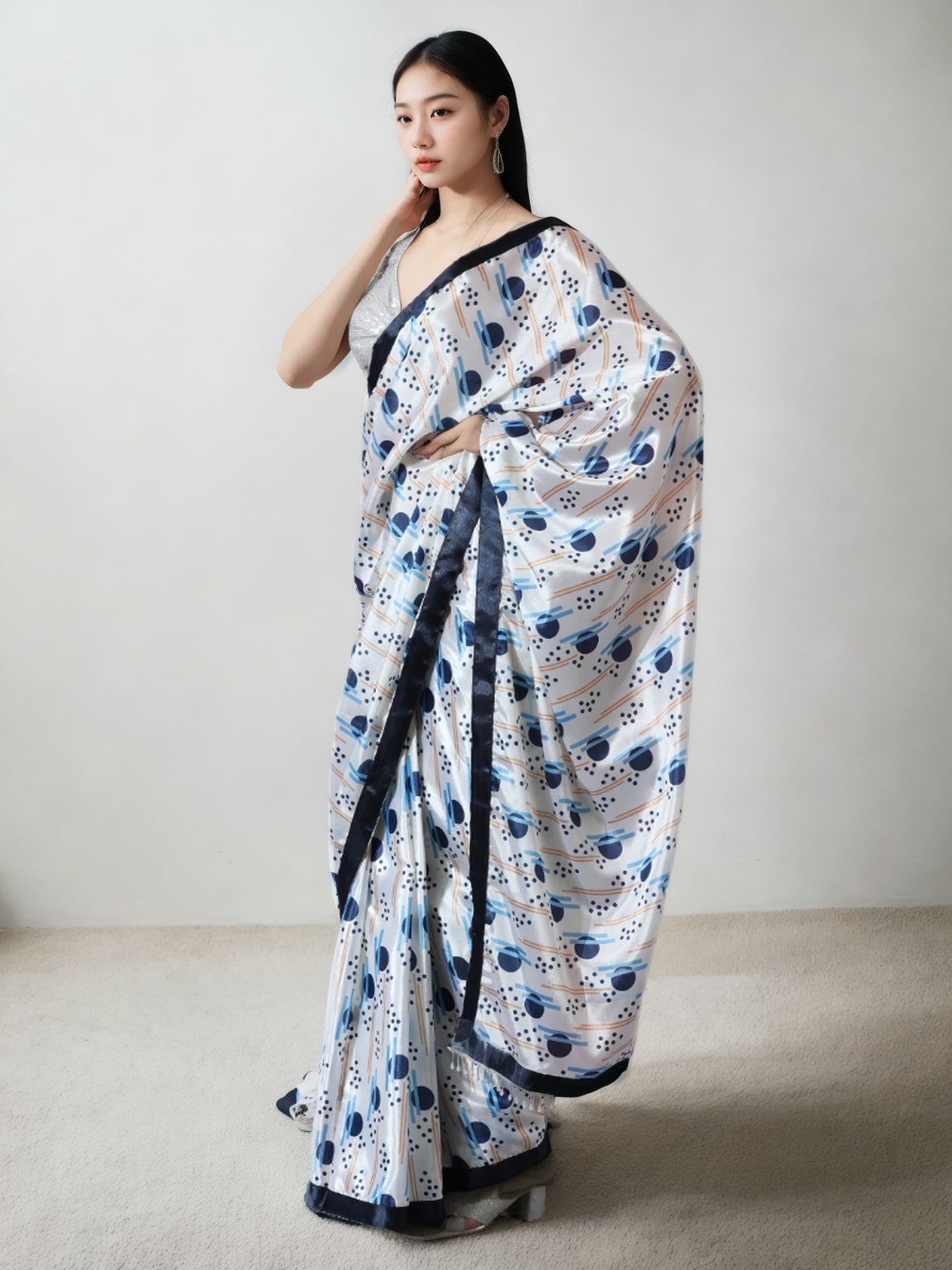 Jyoti Fashion Women's Multicolor Chinon Digital Printed Ready To Wear Saree with Blouse | Swadesiicart