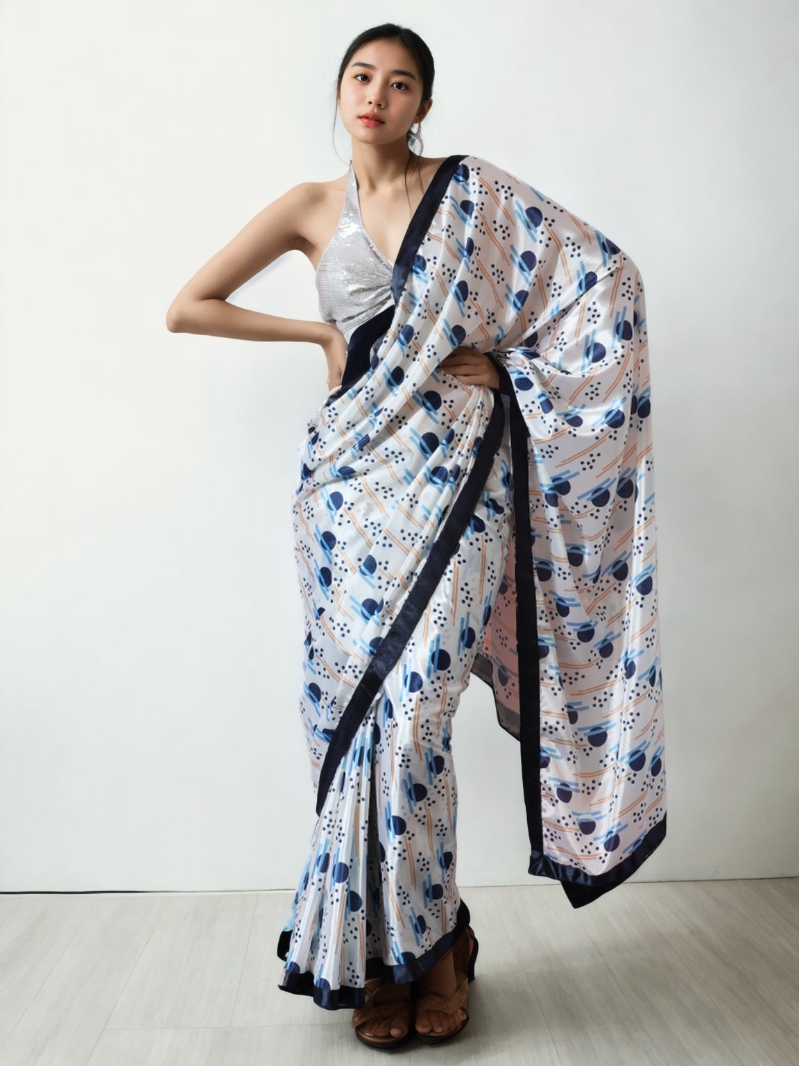 Jyoti Fashion Women's Multicolor Chinon Digital Printed Ready To Wear Saree with Blouse | Swadesiicart
