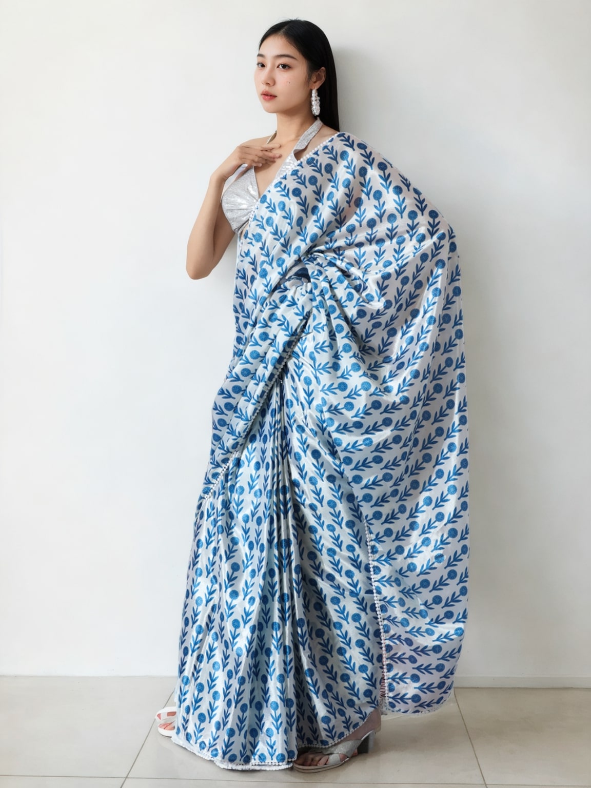 Jyoti Fashion Women's Sky Blue Chinon Digital Printed Ready To Wear Saree with Blouse | Swadesiicart