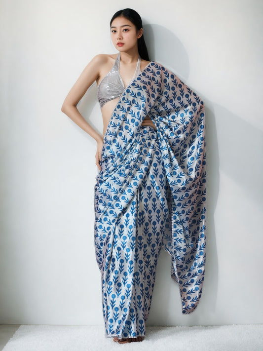 Jyoti Fashion Women's Sky Blue Chinon Digital Printed Ready To Wear Saree with Blouse | Swadesiicart