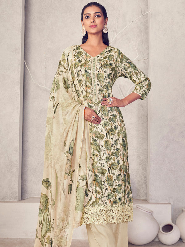 Jyoti Fashion Women's Cream Pure Pashmina Digital Print with Jacquard Woven Kurta with Trouser & Dupatta | Swadesiicart