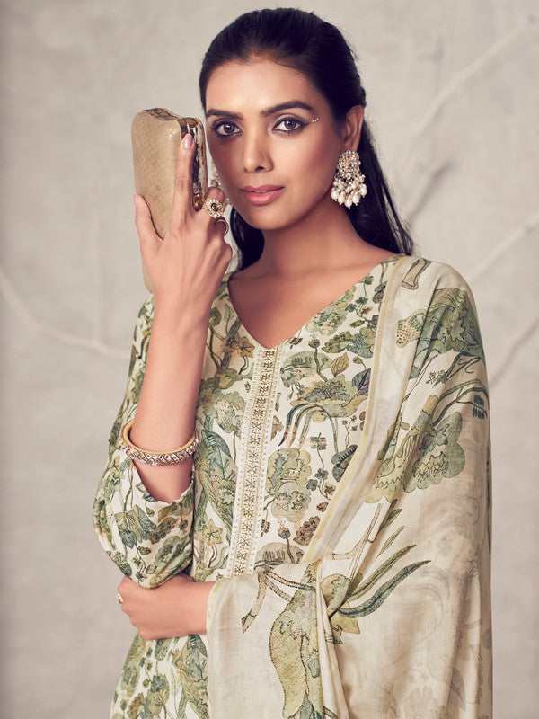 Jyoti Fashion Women's Cream Pure Pashmina Digital Print with Jacquard Woven Kurta with Trouser & Dupatta | Swadesiicart