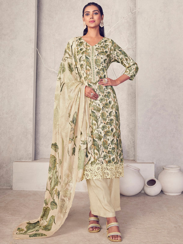 Jyoti Fashion Women's Cream Pure Pashmina Digital Print with Jacquard Woven Kurta with Trouser & Dupatta | Swadesiicart