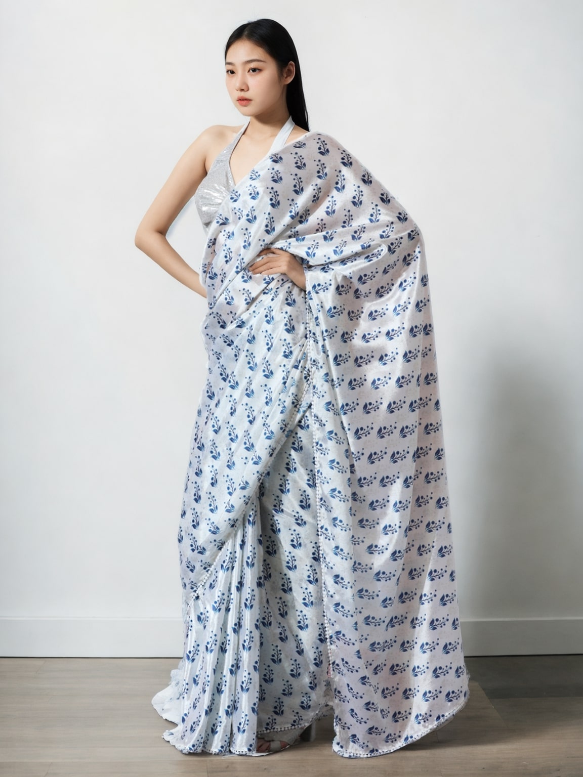 Jyoti Fashion Women's Blue Chinon Digital Printed Ready To Wear Saree with Blouse | Swadesiicart