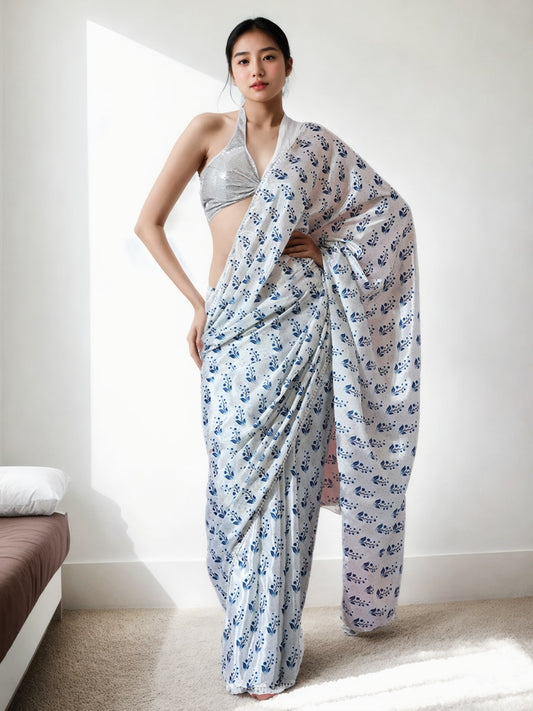 Jyoti Fashion Women's Blue Chinon Digital Printed Ready To Wear Saree with Blouse | Swadesiicart
