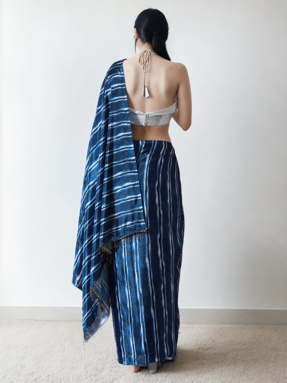 Jyoti Fashion Women's Navy Blue Chinon Digital Printed Ready To Wear Saree with Blouse | Swadesiicart