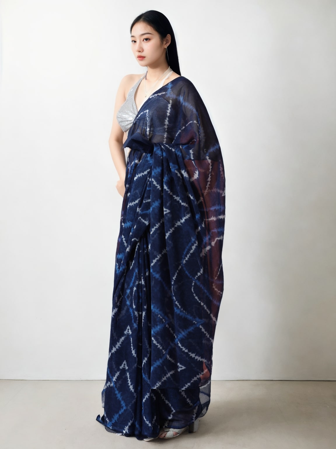Jyoti Fashion Women's Dark Blue Marble Chiffon Printed Ready To Wear Saree with Blouse | Swadesiicart