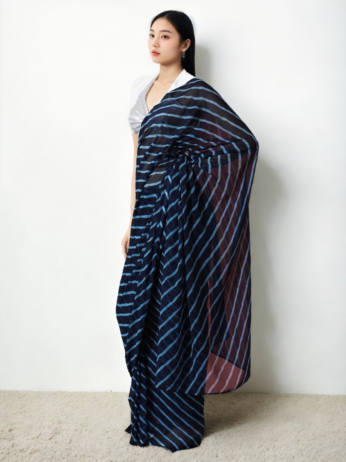 Jyoti Fashion Women's Dark Blue Marble Chiffon Printed Ready To Wear Saree with Blouse | Swadesiicart