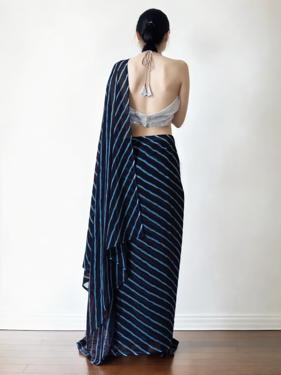 Jyoti Fashion Women's Dark Blue Marble Chiffon Printed Ready To Wear Saree with Blouse | Swadesiicart