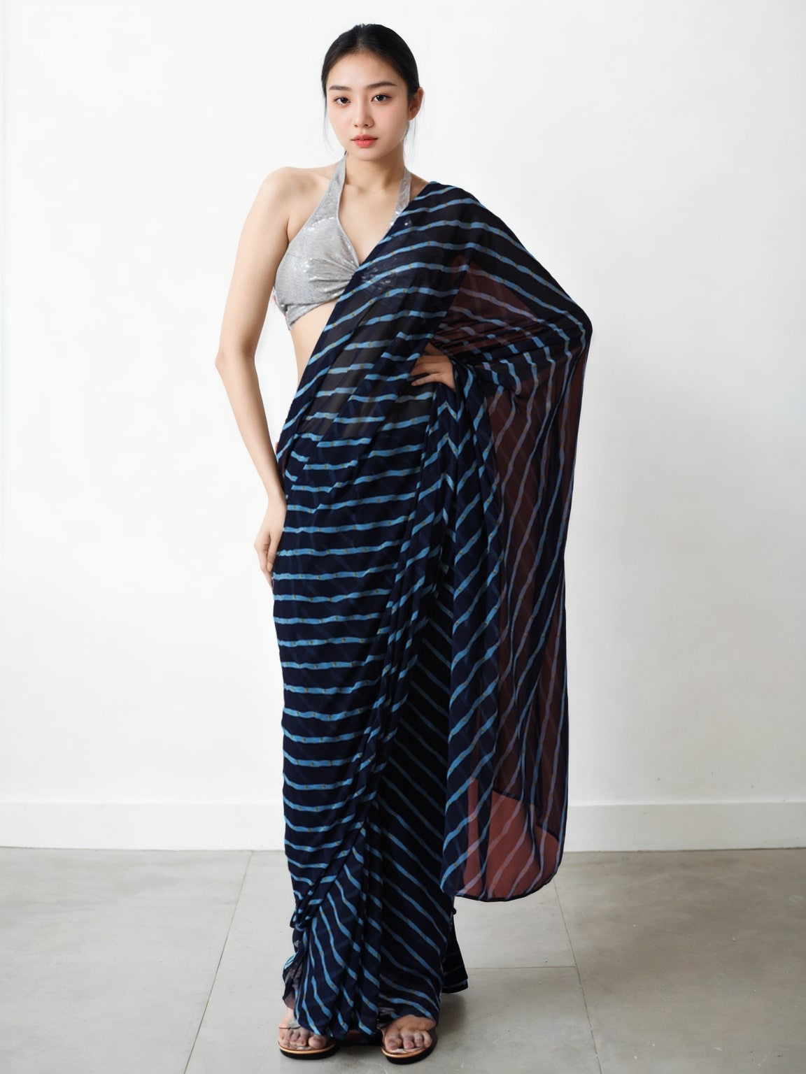 Jyoti Fashion Women's Dark Blue Marble Chiffon Printed Ready To Wear Saree with Blouse | Swadesiicart