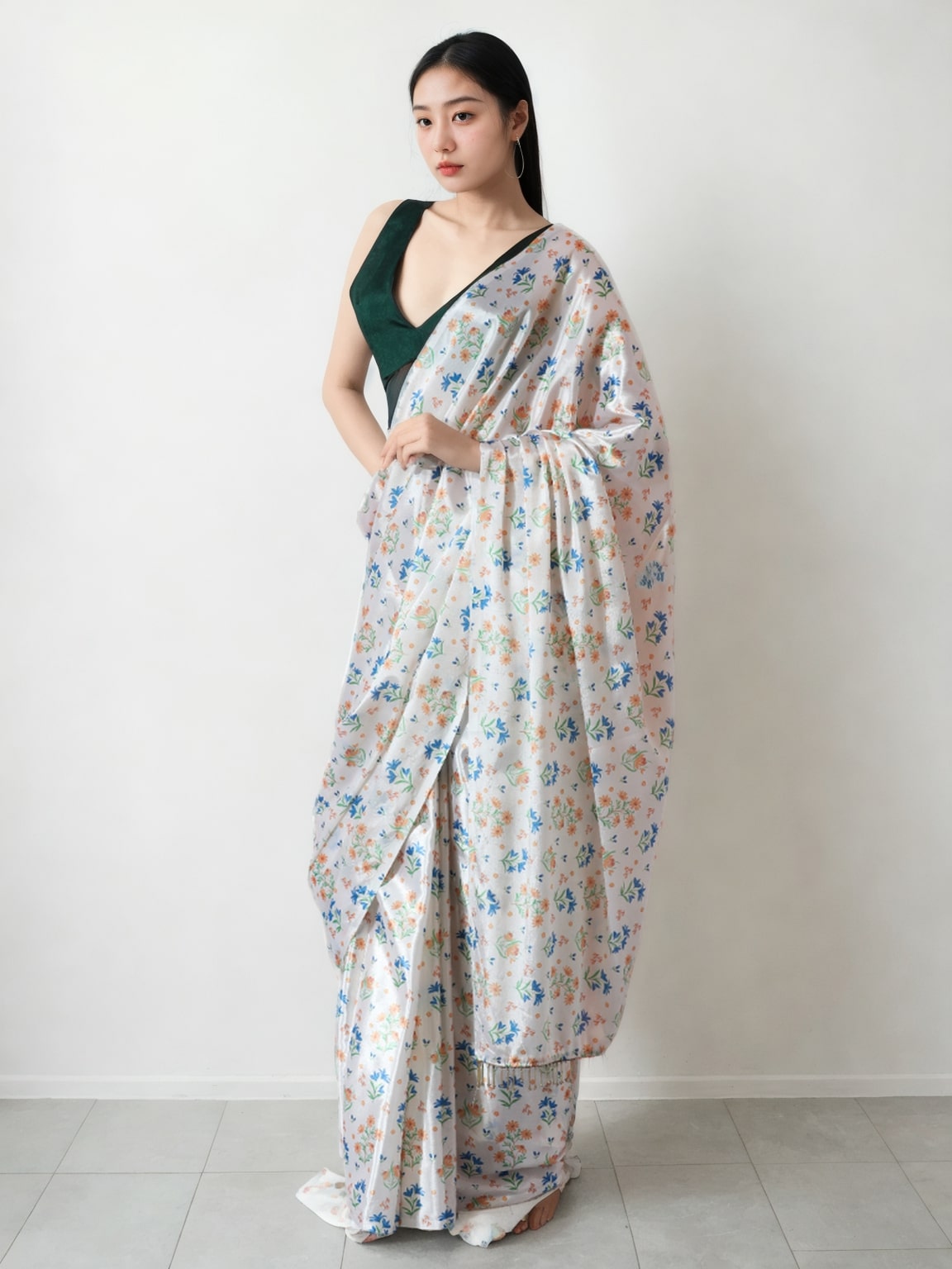 Jyoti Fashion Women's Multicolor Chinon Digital Printed Ready To Wear Saree with Blouse | Swadesiicart