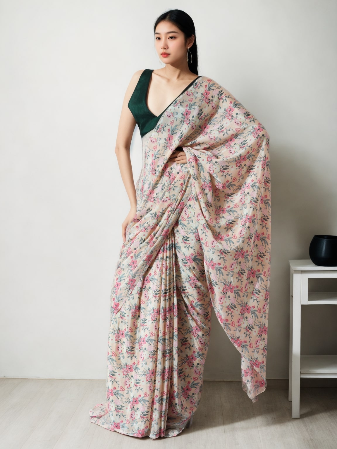 Jyoti Fashion Women's Multicolor Chinon Digital Printed Ready To Wear Saree with Blouse | Swadesiicart