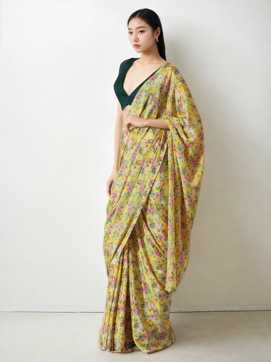 Jyoti Fashion Women's Mehendi Chinon Digital Printed Ready To Wear Saree with Blouse | Swadesiicart