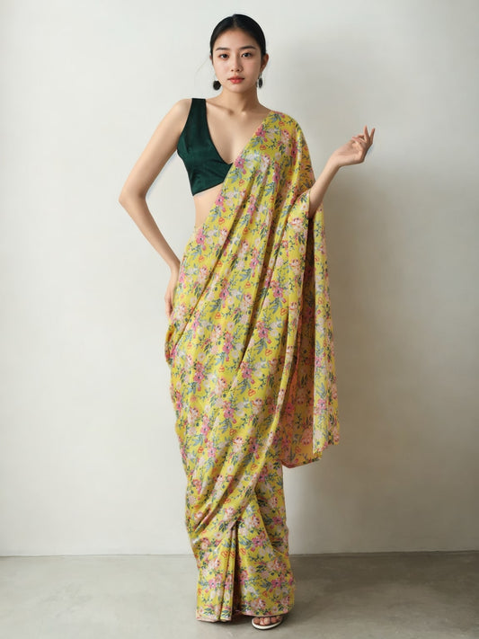 Jyoti Fashion Women's Mehendi Chinon Digital Printed Ready To Wear Saree with Blouse | Swadesiicart