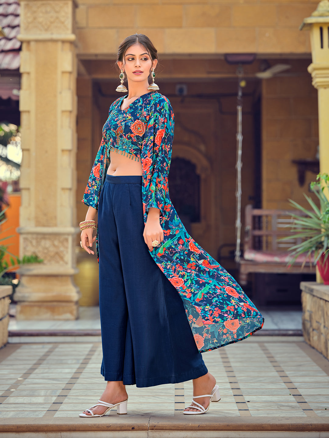 Jyoti Fashion Women's Teal Silk Print with Hand Work Indo Western Kurta Set | Swadesiicart