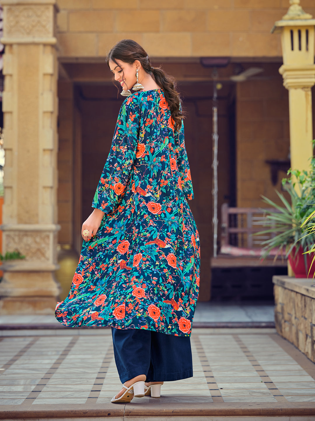 Jyoti Fashion Women's Teal Silk Print with Hand Work Indo Western Kurta Set | Swadesiicart