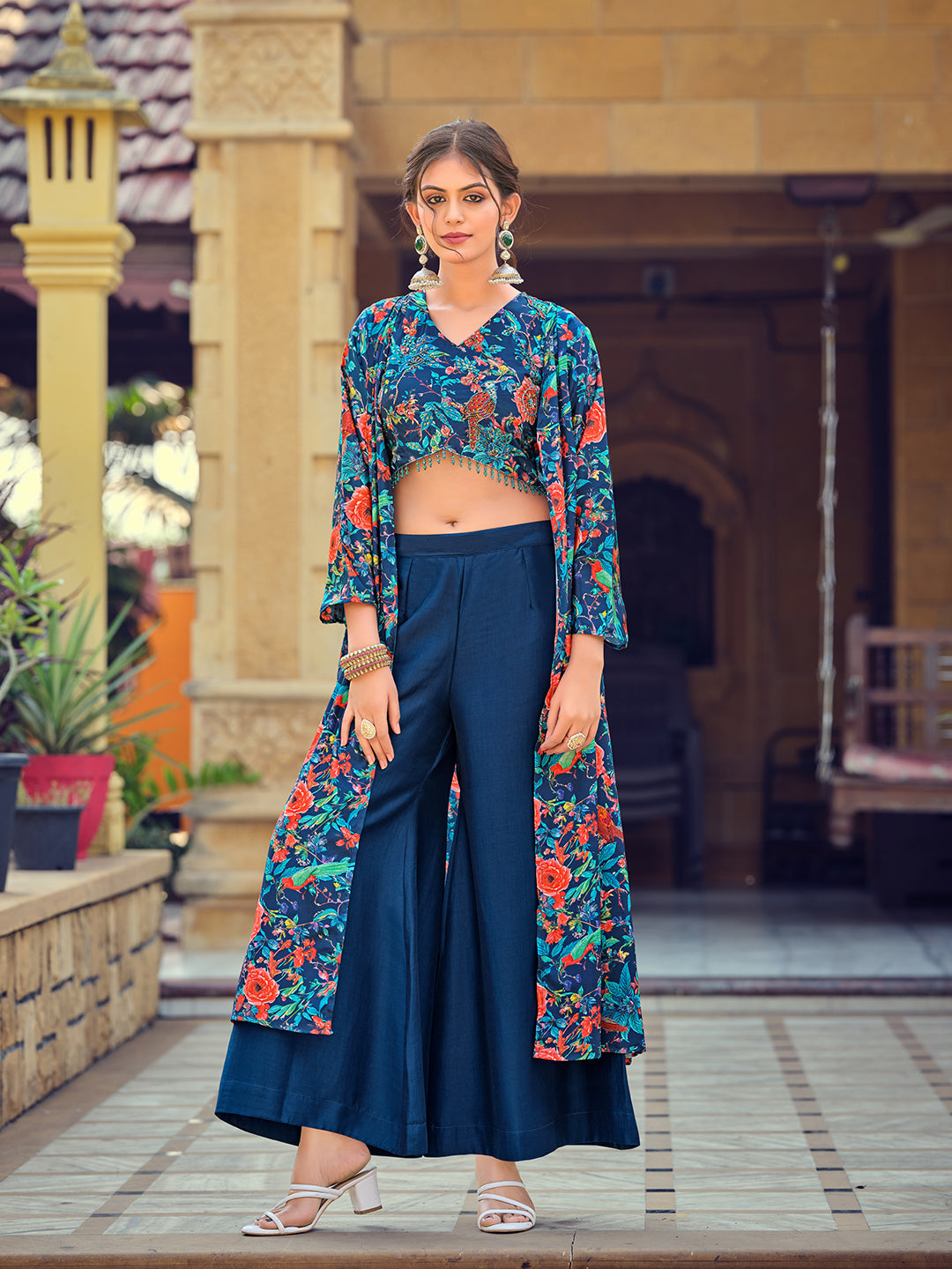 Jyoti Fashion Women's Teal Silk Print with Hand Work Indo Western Kurta Set | Swadesiicart