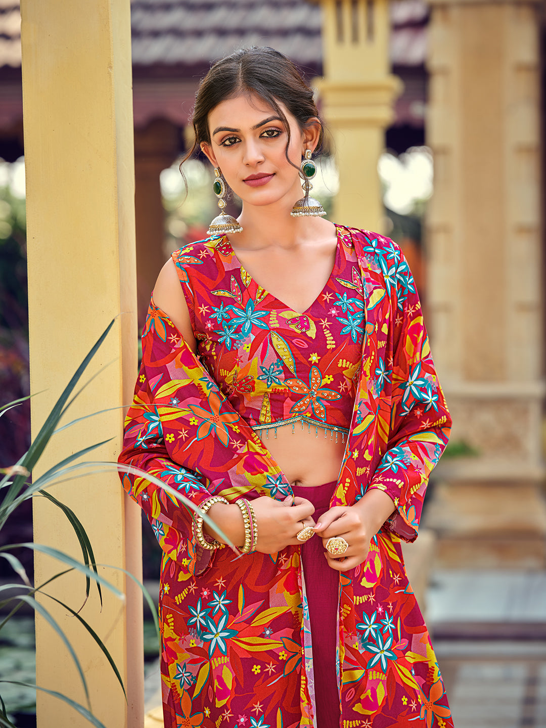 Jyoti Fashion Women's Pink Silk Print with Hand Work Indo Western Kurta Set | Swadesiicart