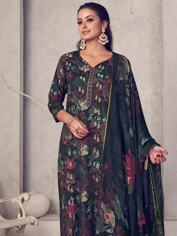 Jyoti Fashion Women's Black Pure Pashmina Digital Print with Jacquard Woven Kurta with Trouser & Dupatta | Swadesiicart