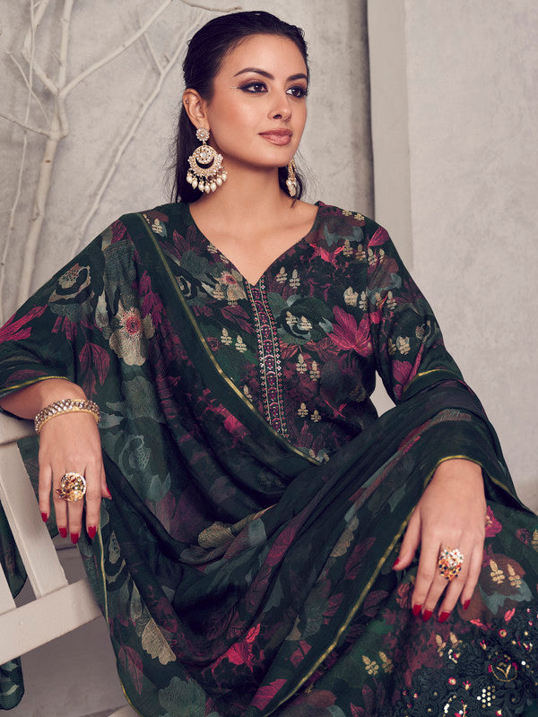 Jyoti Fashion Women's Black Pure Pashmina Digital Print with Jacquard Woven Kurta with Trouser & Dupatta | Swadesiicart