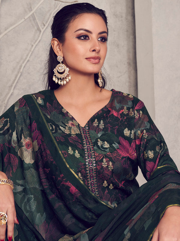 Jyoti Fashion Women's Black Pure Pashmina Digital Print with Jacquard Woven Kurta with Trouser & Dupatta | Swadesiicart