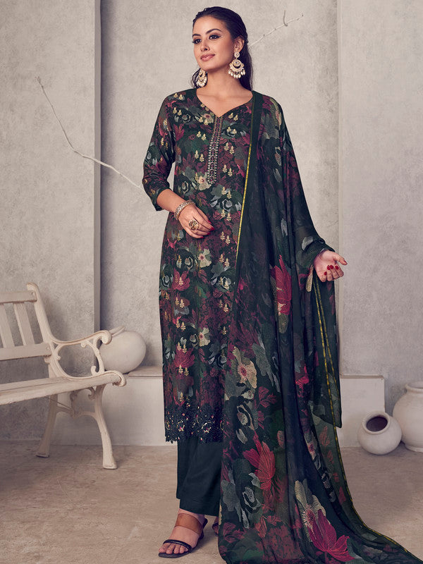 Jyoti Fashion Women's Black Pure Pashmina Digital Print with Jacquard Woven Kurta with Trouser & Dupatta | Swadesiicart