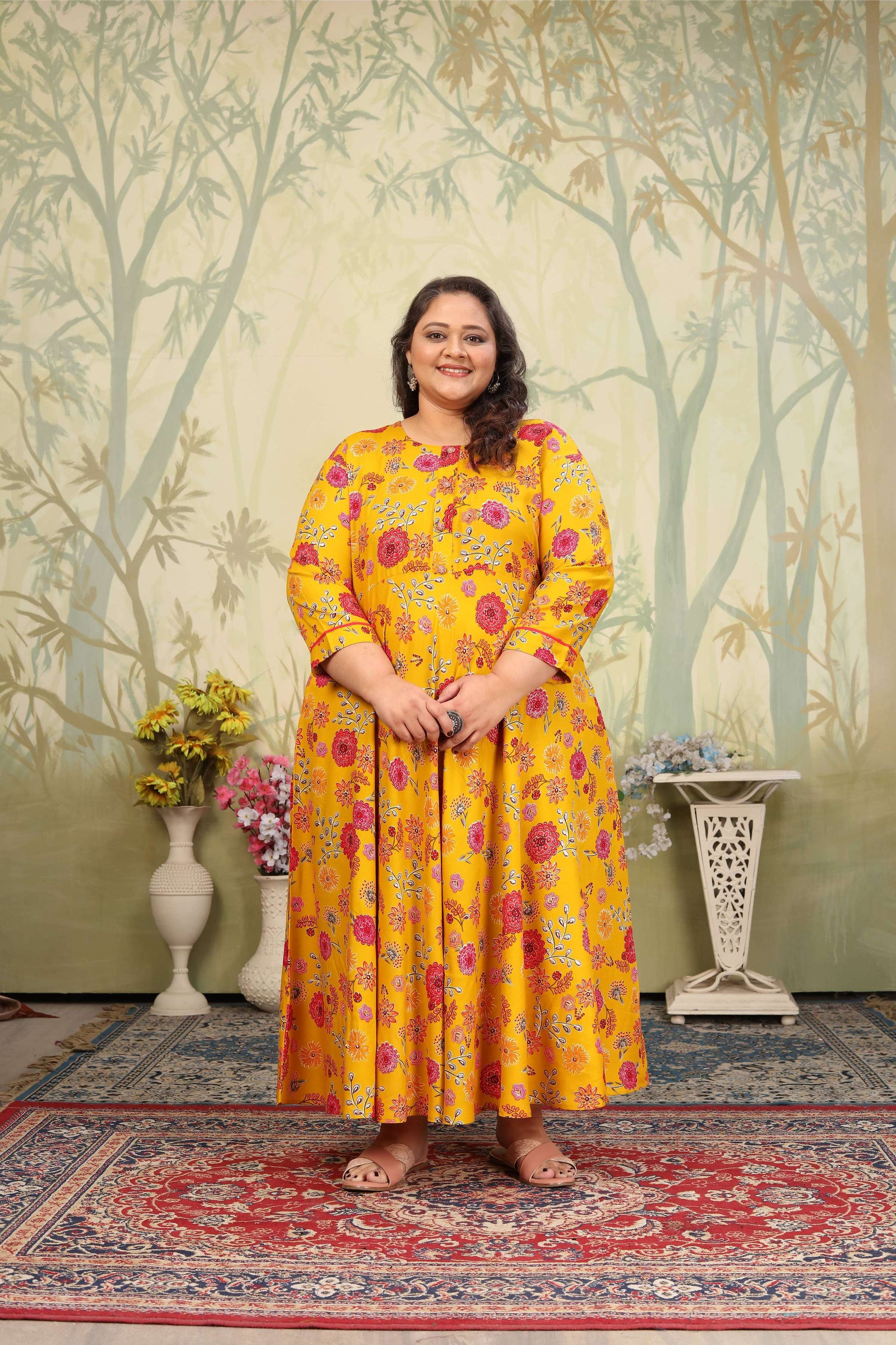 Jyoti Fashion Women's Yellow Rayon Floral Print with Sequins Designer Anarkali Set | Swadesiicart