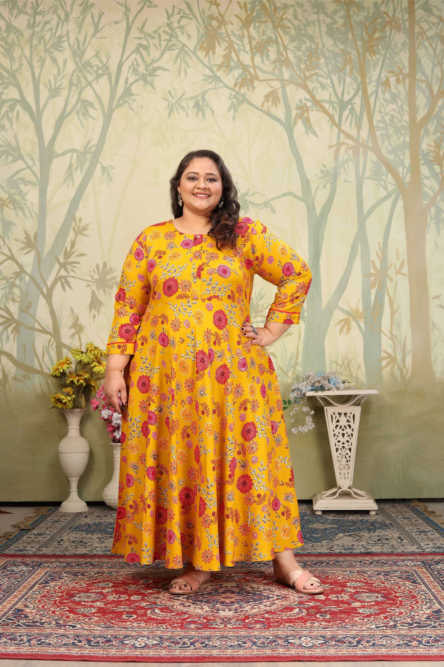 Jyoti Fashion Women's Yellow Rayon Floral Print with Sequins Designer Anarkali Set | Swadesiicart