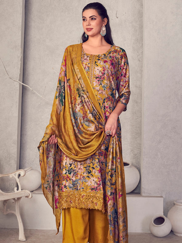 Jyoti Fashion Women's Mustard Pure Pashmina Digital Print with Jacquard Woven Kurta with Trouser & Dupatta | Swadesiicart