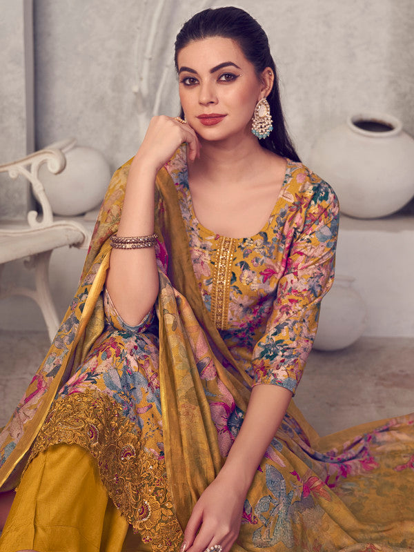 Jyoti Fashion Women's Mustard Pure Pashmina Digital Print with Jacquard Woven Kurta with Trouser & Dupatta | Swadesiicart