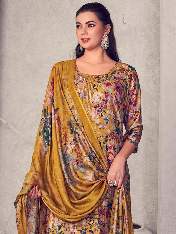 Jyoti Fashion Women's Mustard Pure Pashmina Digital Print with Jacquard Woven Kurta with Trouser & Dupatta | Swadesiicart