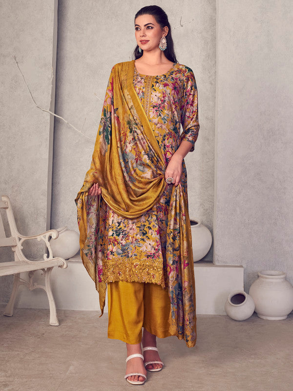 Jyoti Fashion Women's Mustard Pure Pashmina Digital Print with Jacquard Woven Kurta with Trouser & Dupatta | Swadesiicart