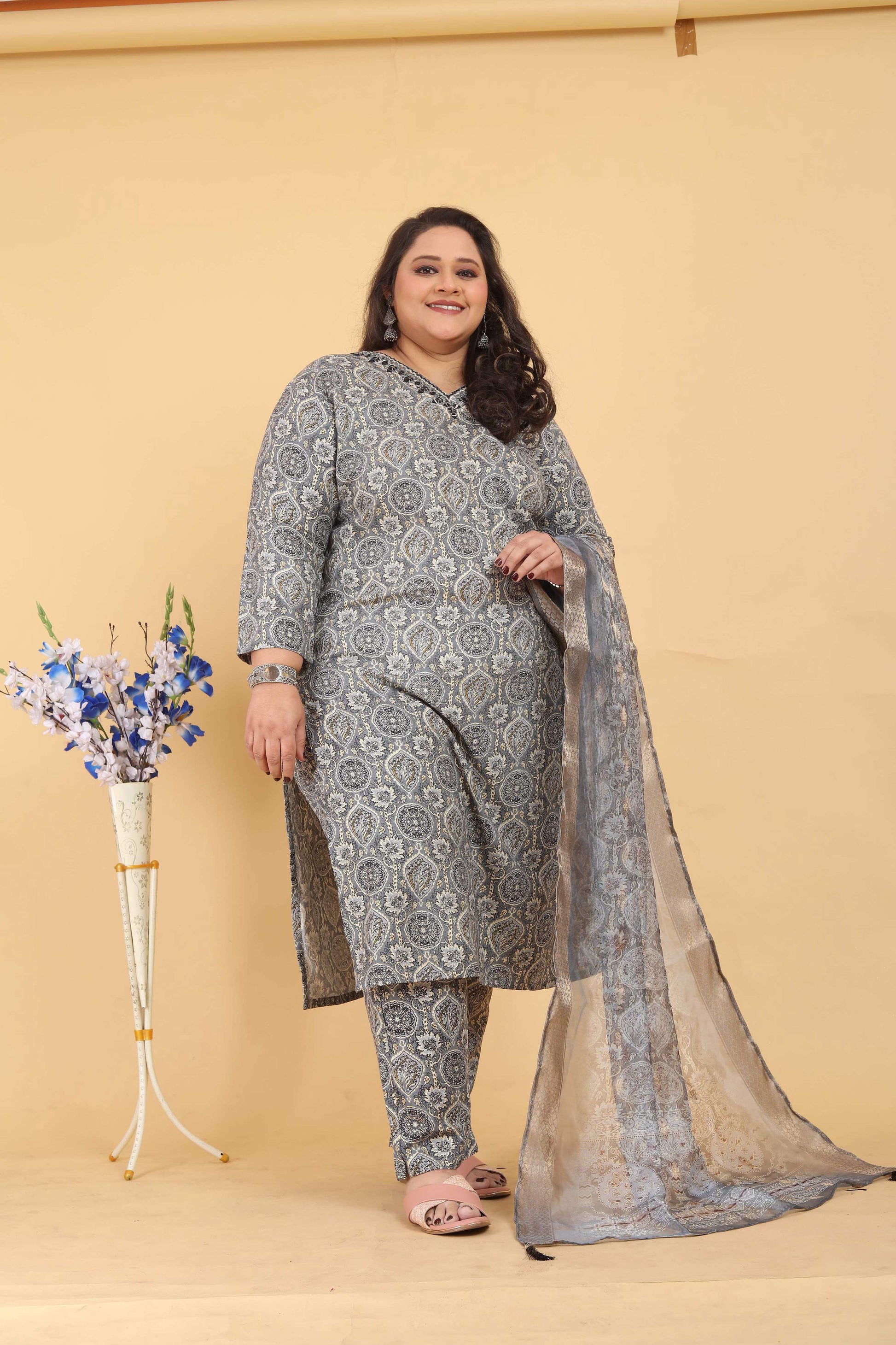 Jyoti Fashion Women's Grey Rayon Digital Print with Handwork Kurta Set | Swadesiicart